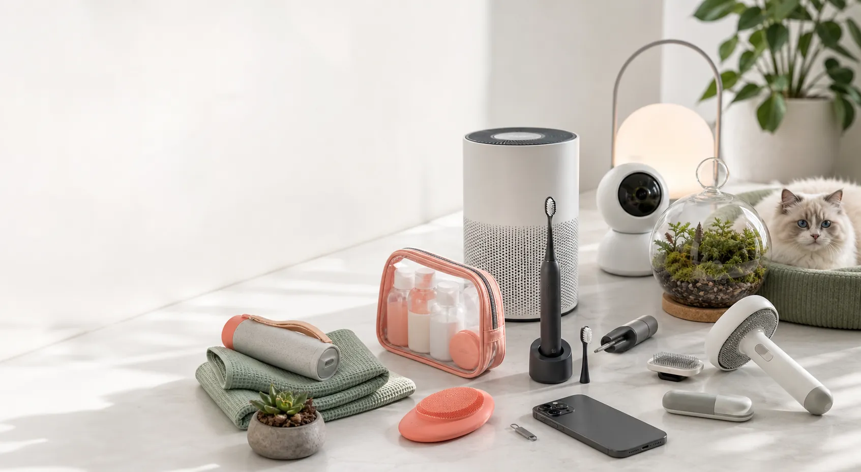 Premium lifestyle products arranged on a clean tabletop